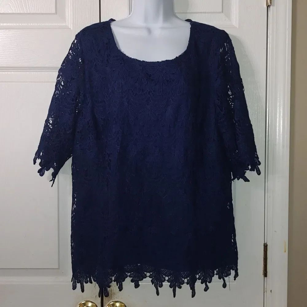 Adiva crochet eyelet royal blue business casual night out top Sz 3X NWOT